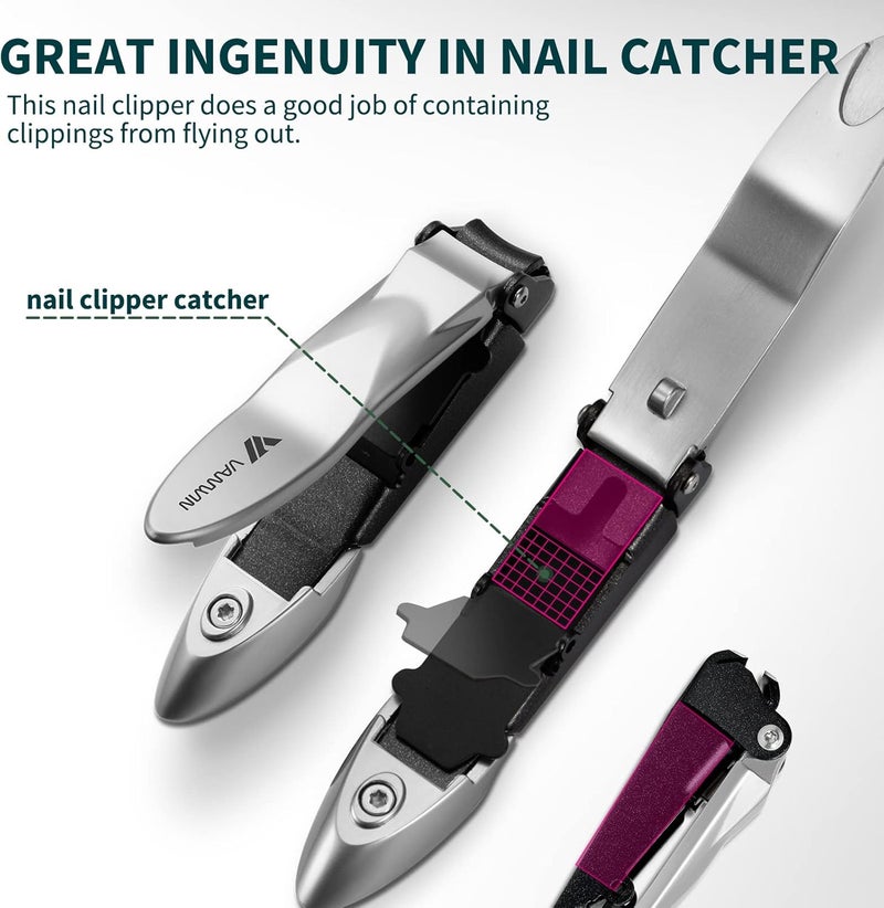 VANWIN Nail Clippers with Catcher, No Splash Fingernail Toenail Clippers with Sharp Curved Blade and Glass Nail File, Wide Jaw Opening Stainless Steel Nail Cutter Trimmer for Seniors Adult Men Women - Image 2